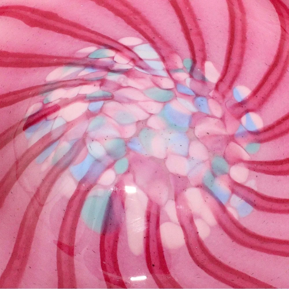 Vintage Art Glass Ruffle Candy Dish Bowl Pink & Blue Confetti Swirl Mouth Blown